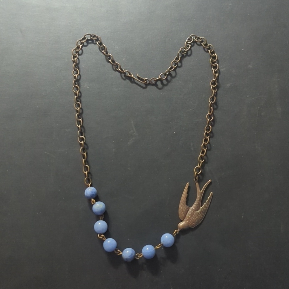 Dark Copper Tone Bird Blue Beaded Statement Necklace